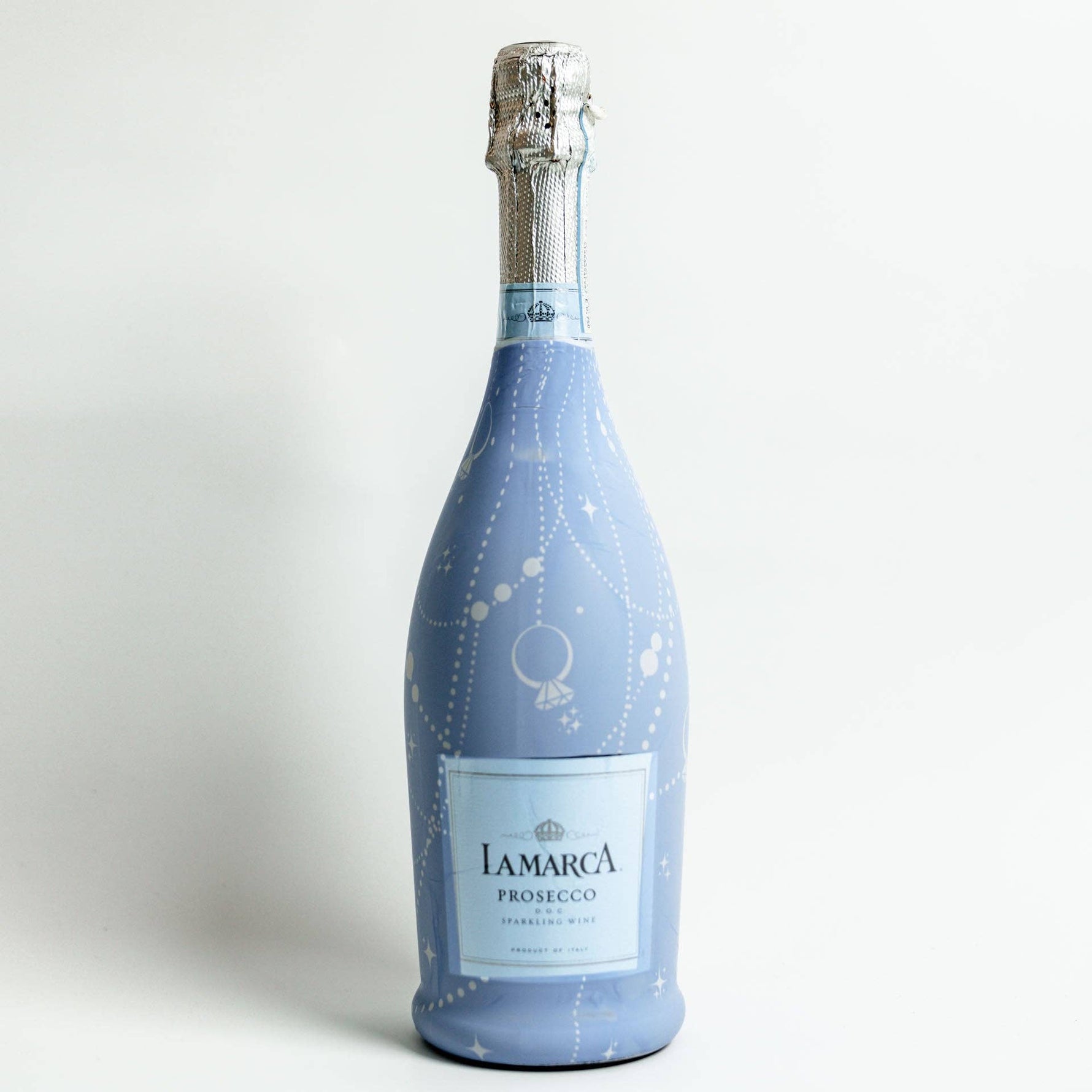 Bottle of Iamarca Prosecco with blue wrap on a white background