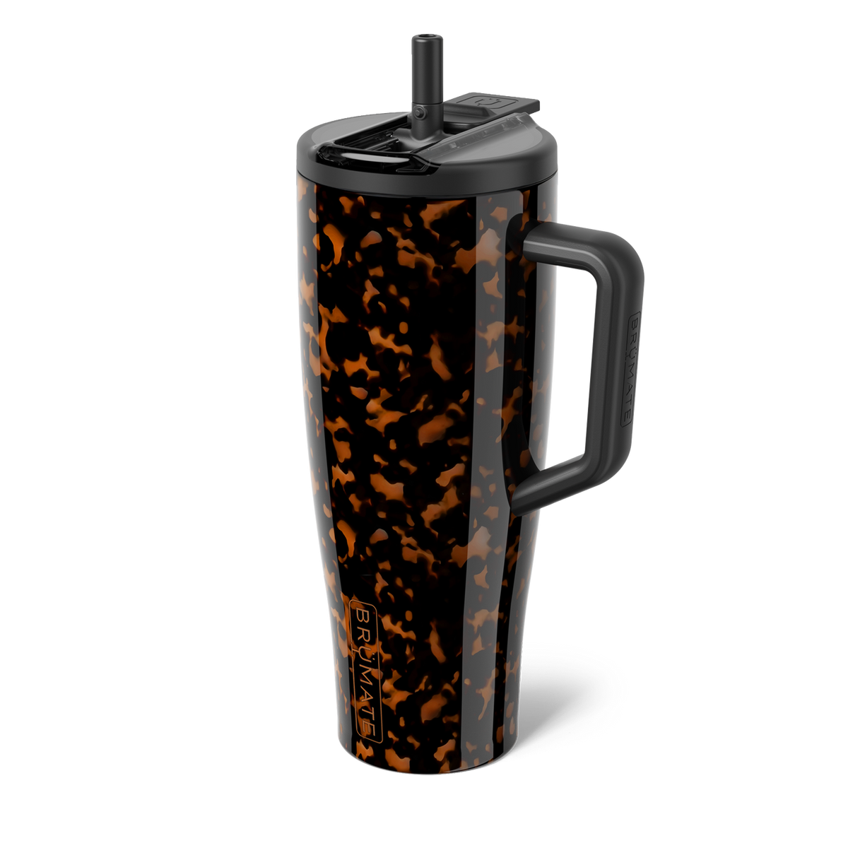 Tortoiseshell BrüMate tumbler with a handle and flip straw lid