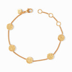 Gold chain bracelet featuring five circular coin charms with embossed cross designs