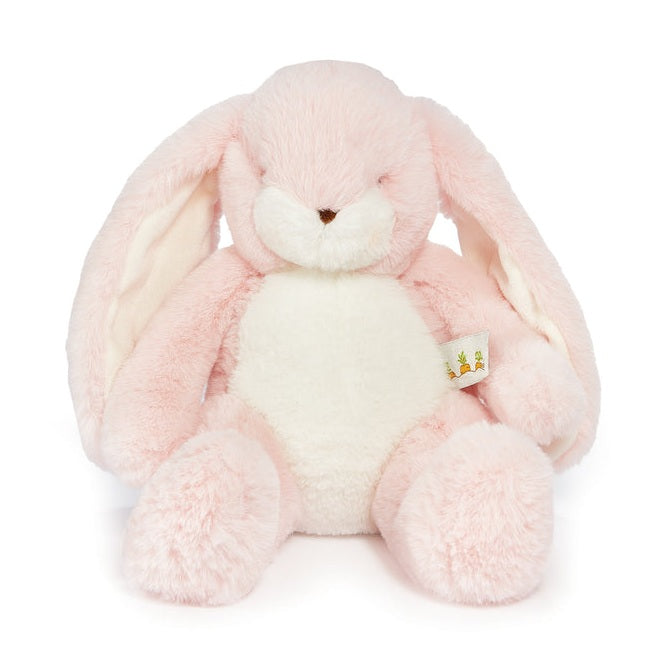 A plush pink bunny with outstretched legs, velour lined ears, and embroidered features.