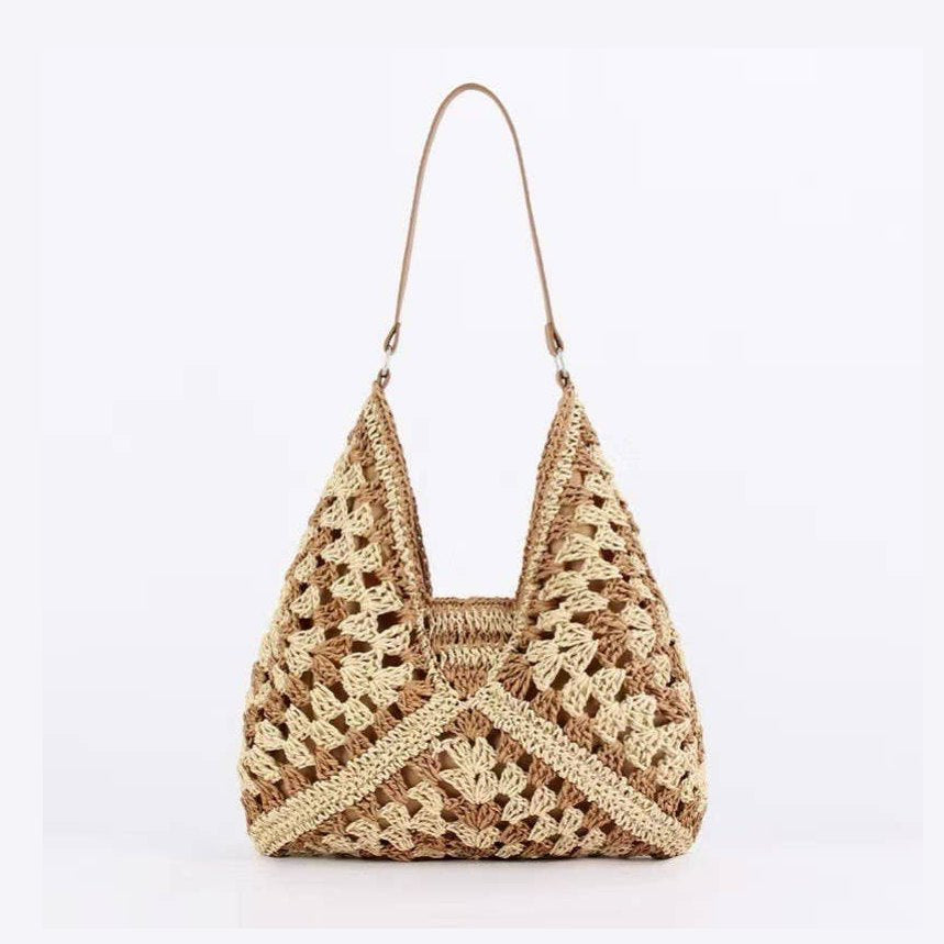 Tan Mix Crochet Open-Weave Boho Handbag