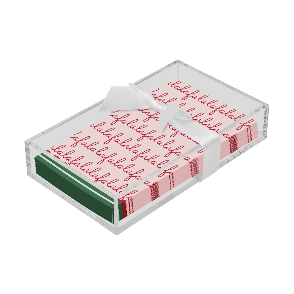 Clear acrylic box containing a stack of pink and green cards tied with a white ribbon