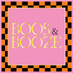Graphic with text Boos and Booze in gold lettering on a pink background with a black and orange checkered border