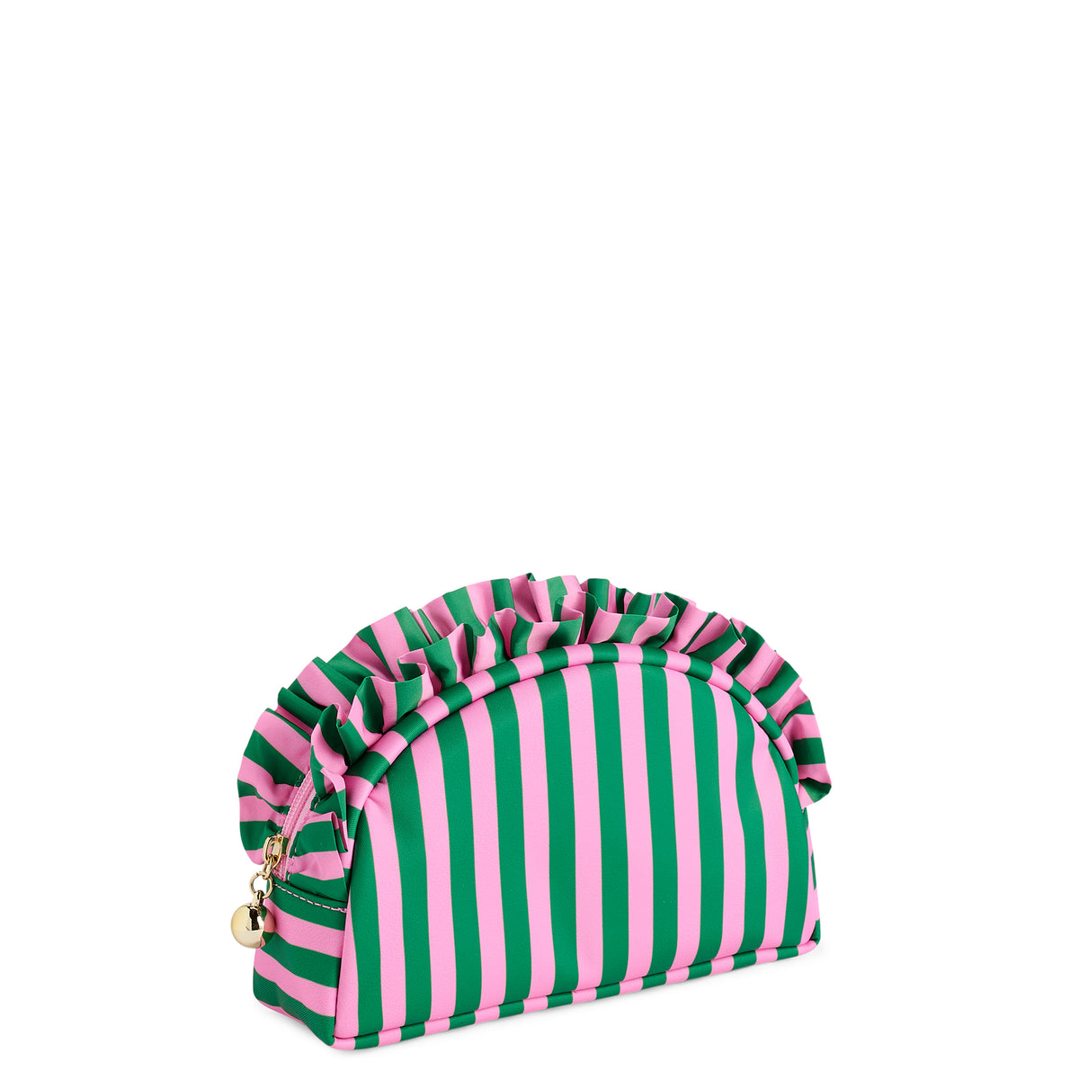 Green and pink striped zip pouch with a ruffle trim
