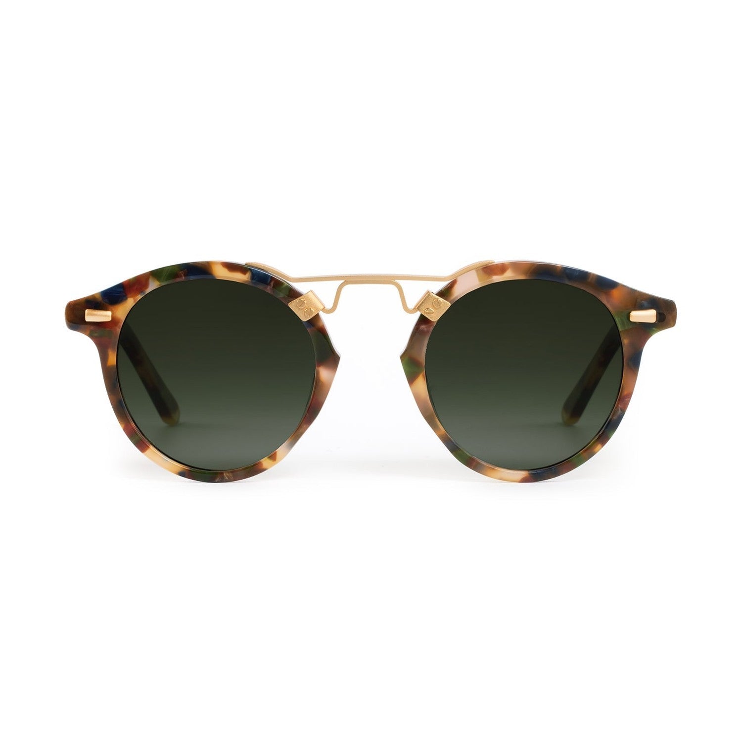 Sunglasses with tortoiseshell frame and dark lenses on a white background
