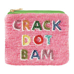 Pink beaded zip pouch with "Crack Dot Bam" in multicolor beaded letters and a green zipper