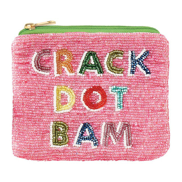 Pink beaded zip pouch with "Crack Dot Bam" in multicolor beaded letters and a green zipper