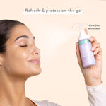 Person spraying facial mist onto their face