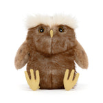 Brown plush owl with gold feet, angled view