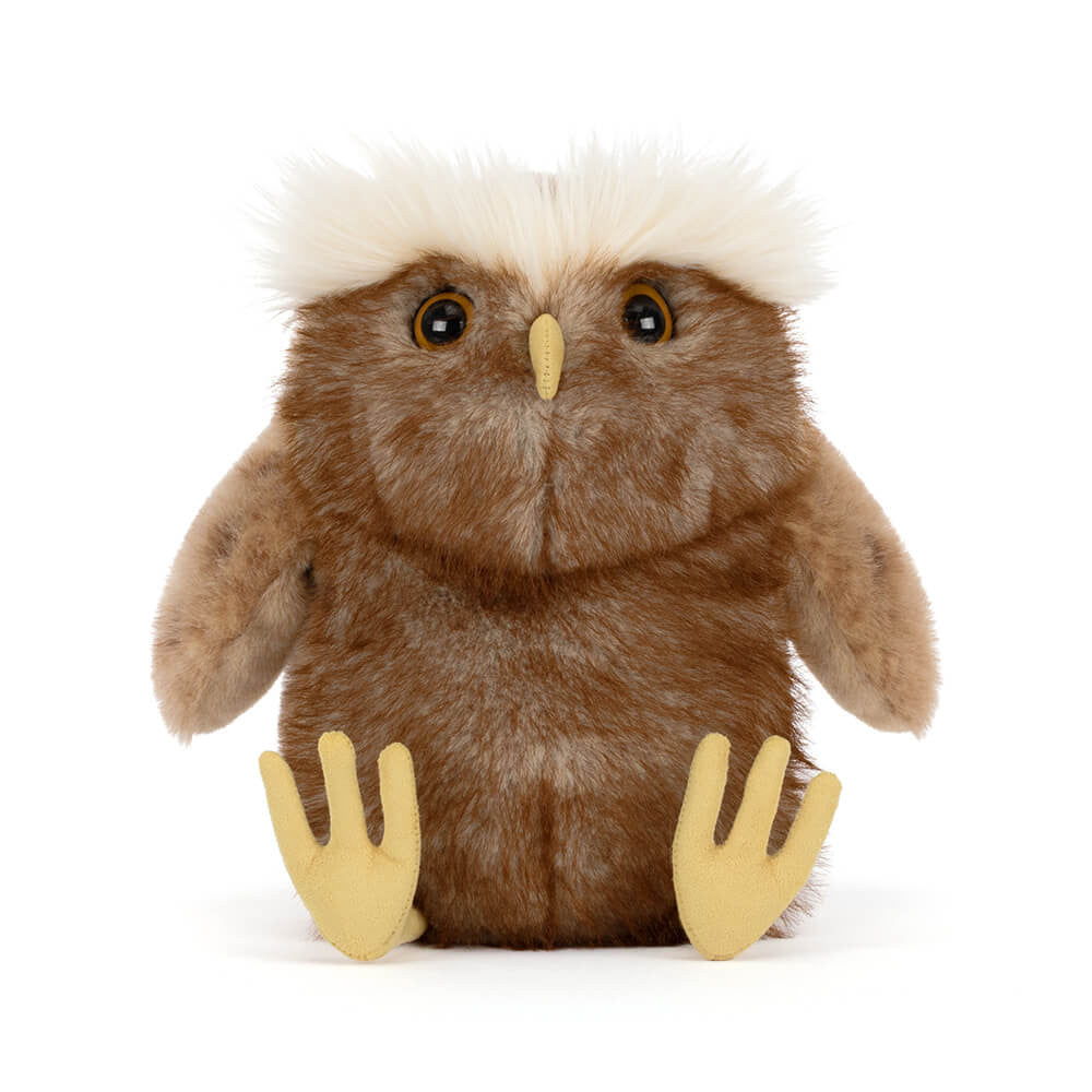 Brown plush owl with gold feet, angled view