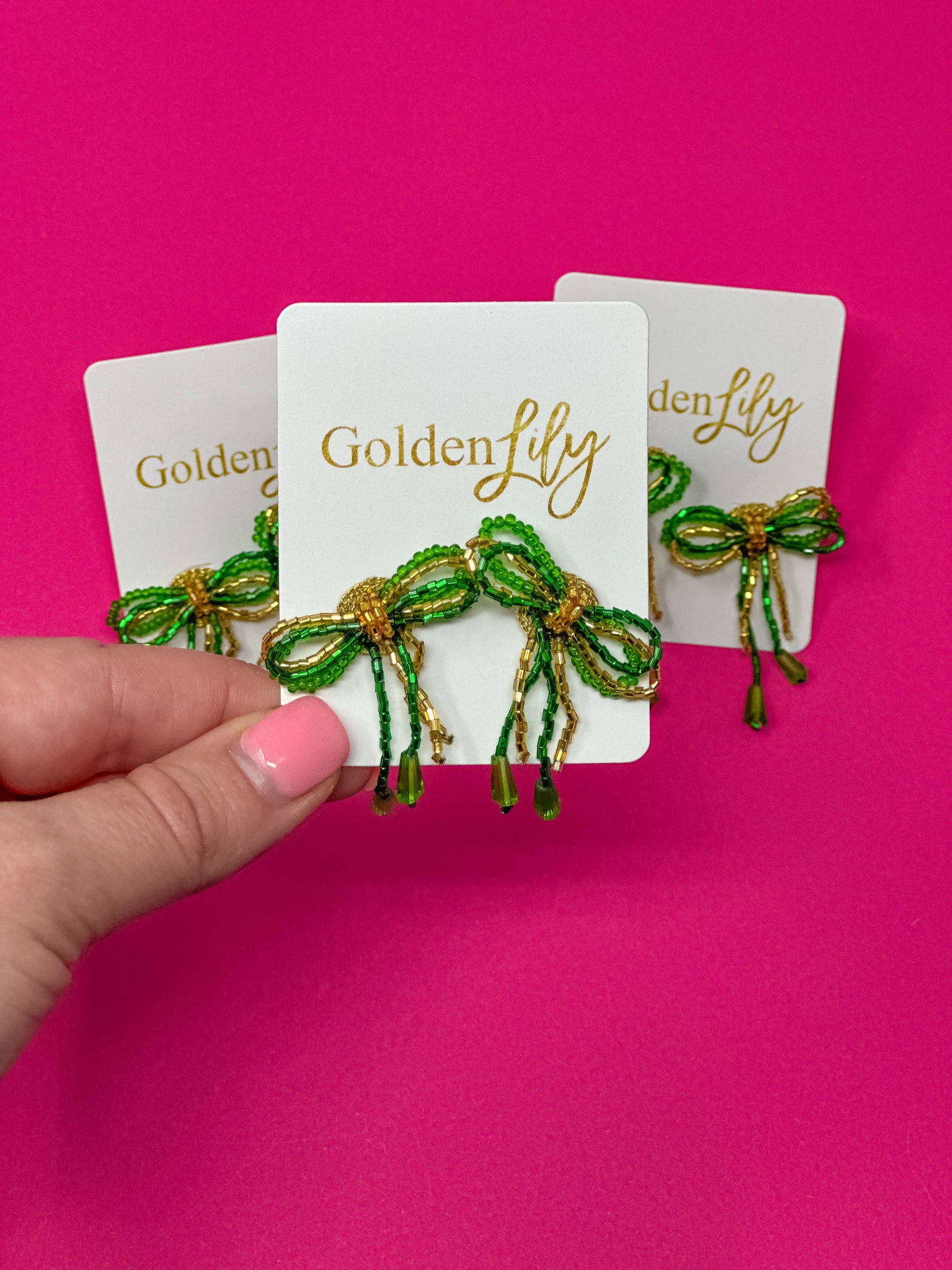 Mini Bow Earrings - Green and Gold