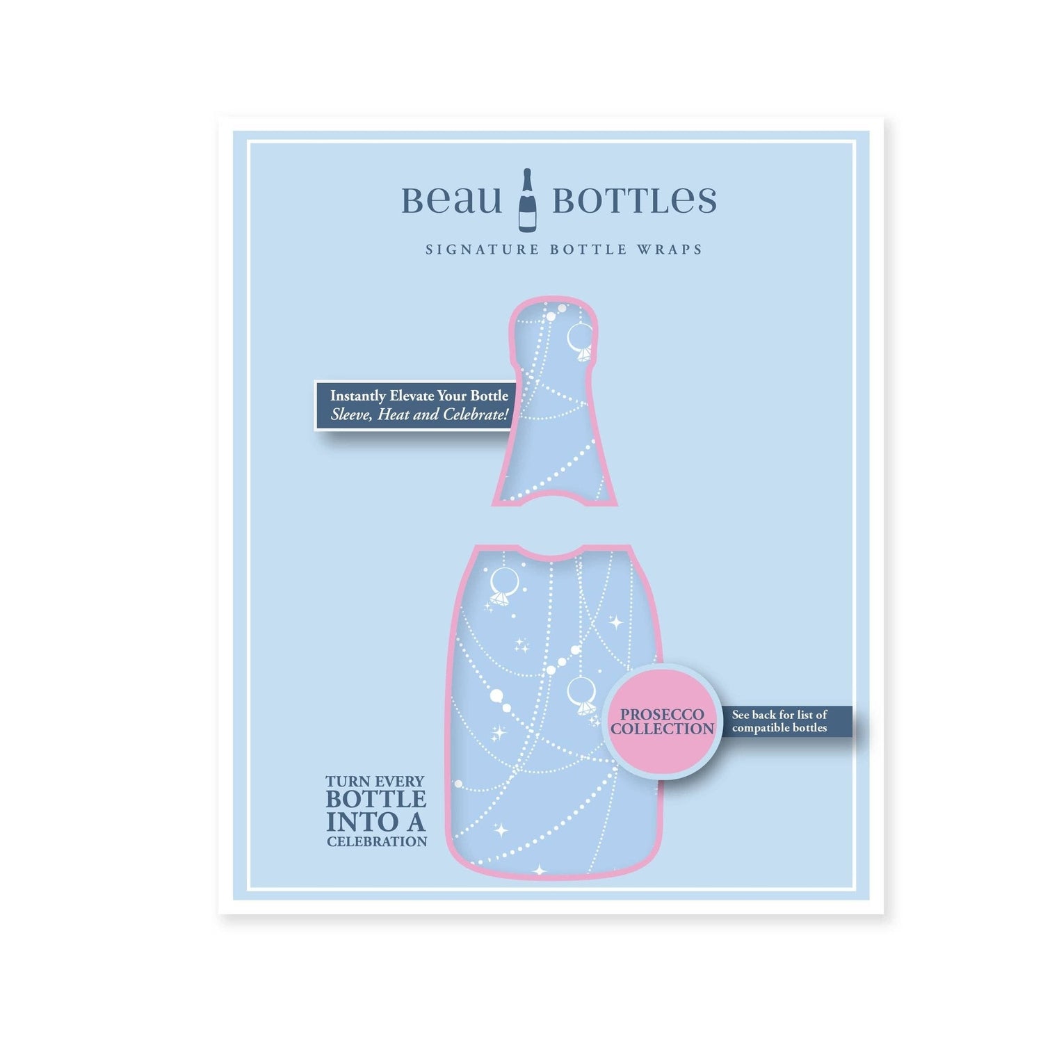 Beau Bottles Prosecco Collection bottle wraps packaging on a light blue background