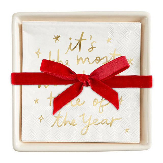 Napkin tray set with It's the Most Wonderful Time of the Year napkins and a red bow