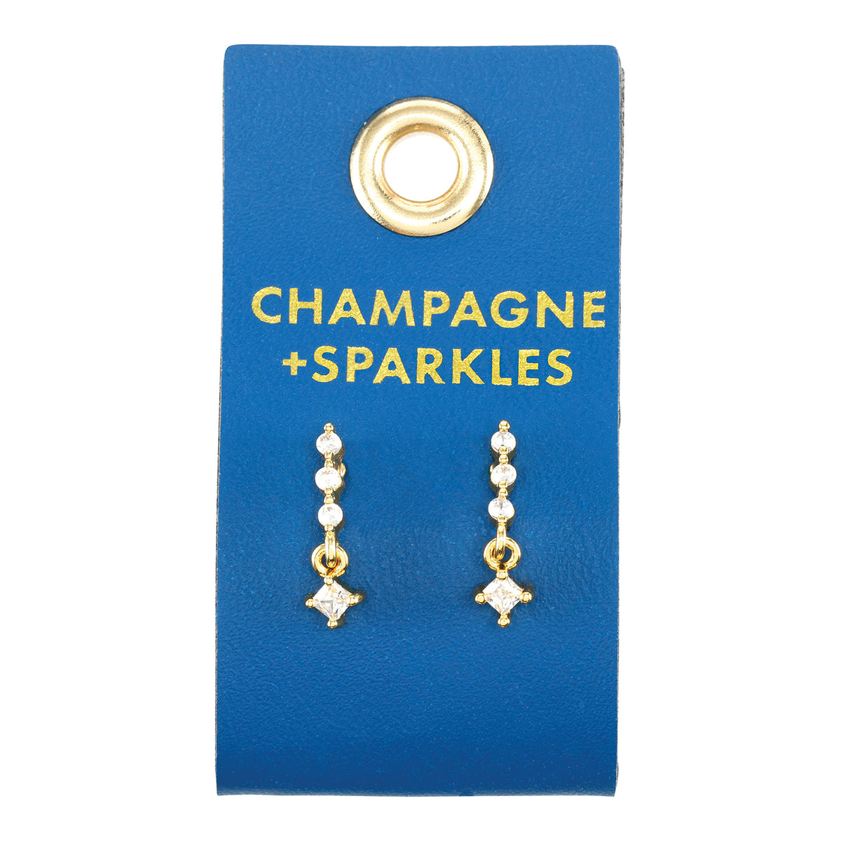Crystal drop earrings on a blue Champagne and Sparkles card