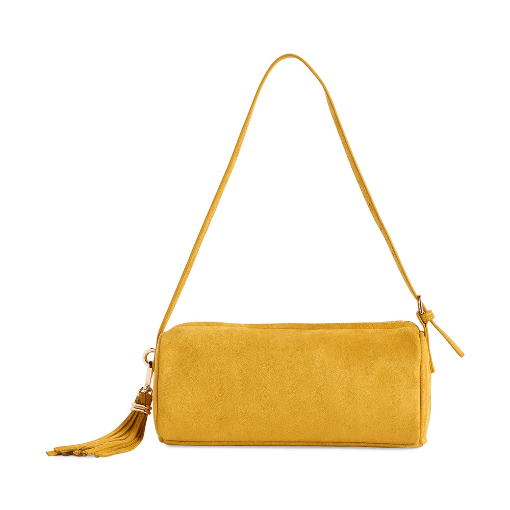 Mustard yellow suede cylindrical shoulder bag with a tassel detail