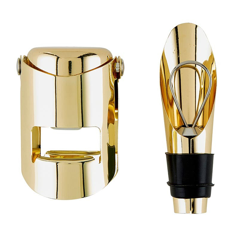 Gold champagne stopper and gold bottle pourer