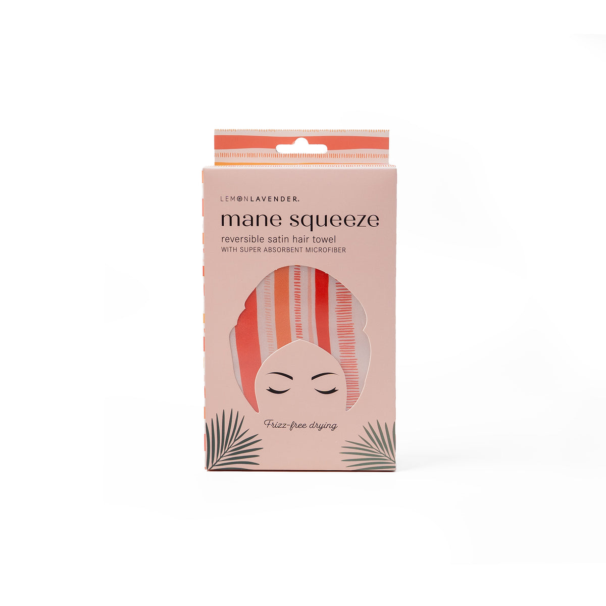 Lemon Lavender Mane Squeeze reversible satin hair towel box in coral stripe print