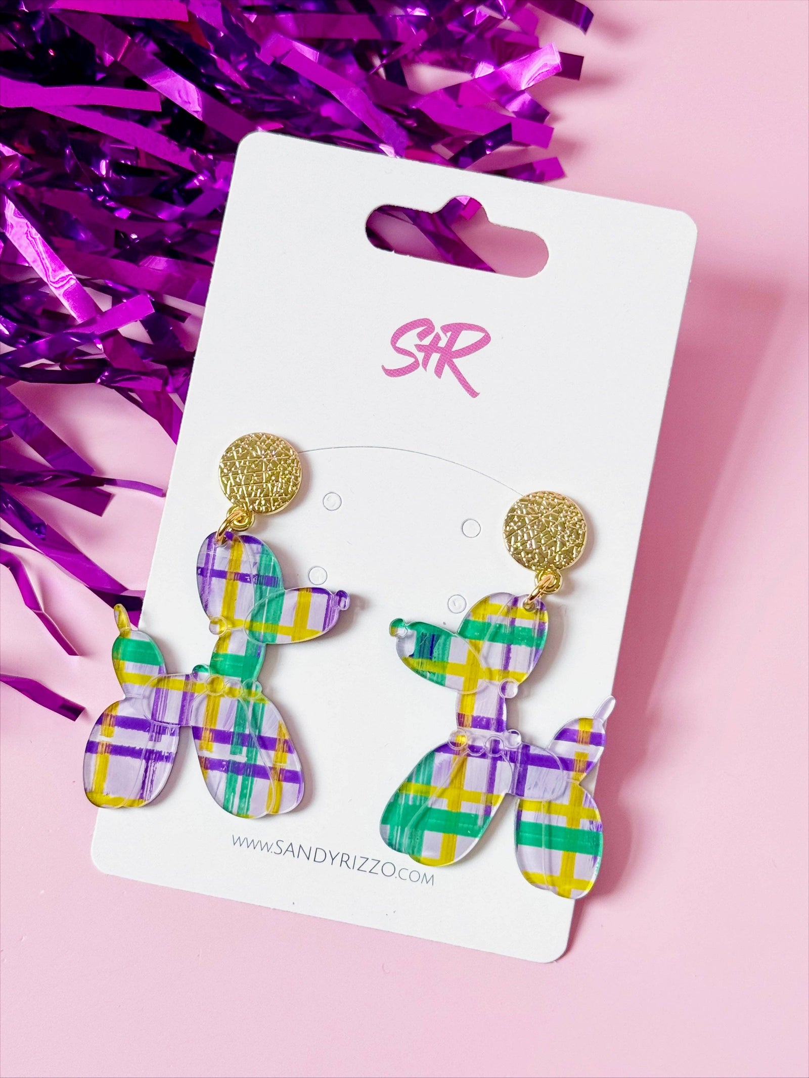Mardi Gras Plaid Ballon Dog Dangle Earring