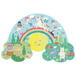 Illustrated jigsaw puzzle by Floss & Rock featuring a magical forest scene with a white unicorn and fairies flying over a large smiling sun and vibrant rainbow accompanied by a llama on roller skates and a polar bear with a hula hoop