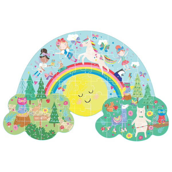 Illustrated jigsaw puzzle by Floss & Rock featuring a magical forest scene with a white unicorn and fairies flying over a large smiling sun and vibrant rainbow accompanied by a llama on roller skates and a polar bear with a hula hoop