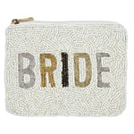White beaded zip pouch with "BRIDE" in silver, gold and black beads