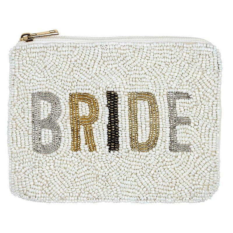 White beaded zip pouch with "BRIDE" in silver, gold and black beads