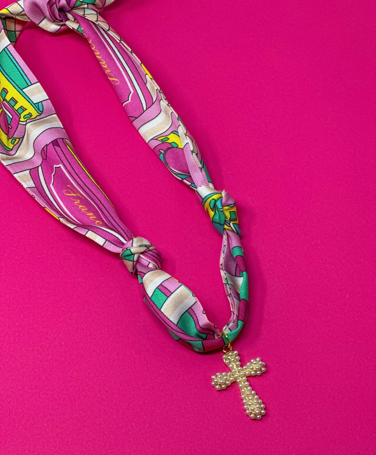 Purp Multi Print Scarf W Pearl Cross - Scarf Charm Necklace