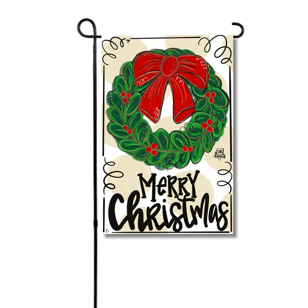 Merry Christmas wreath garden flag with a red bow