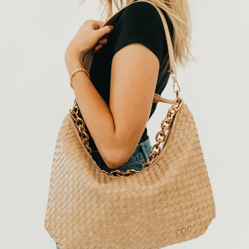 Taupe - Sienna Slouchy Woven Shoulder Bag