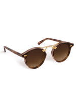 Sunglasses with green gradient lenses and gold accents on a white background