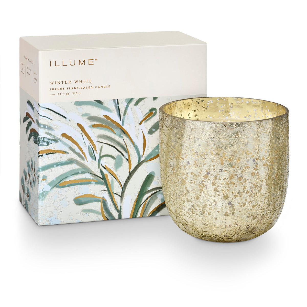 Illume Winter White candle in silver crackle glass beside its botanical box