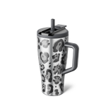 Silver and gray metallic leopard print tumbler with gray handle, lid and straw