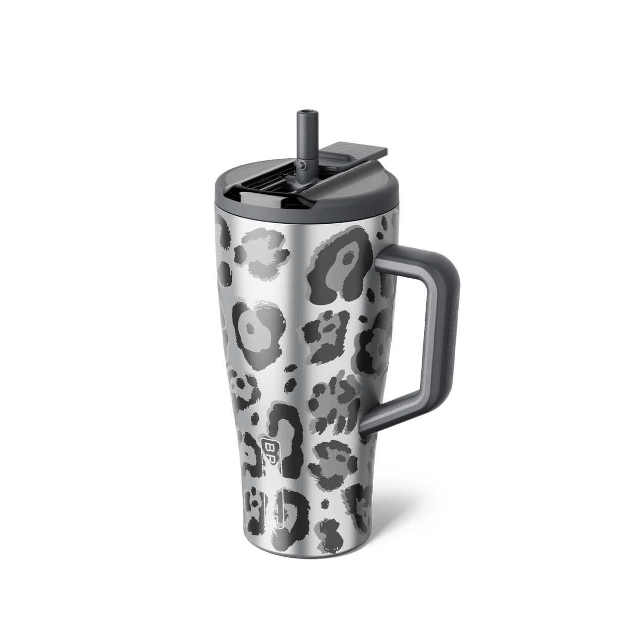 Silver and gray metallic leopard print tumbler with gray handle, lid and straw