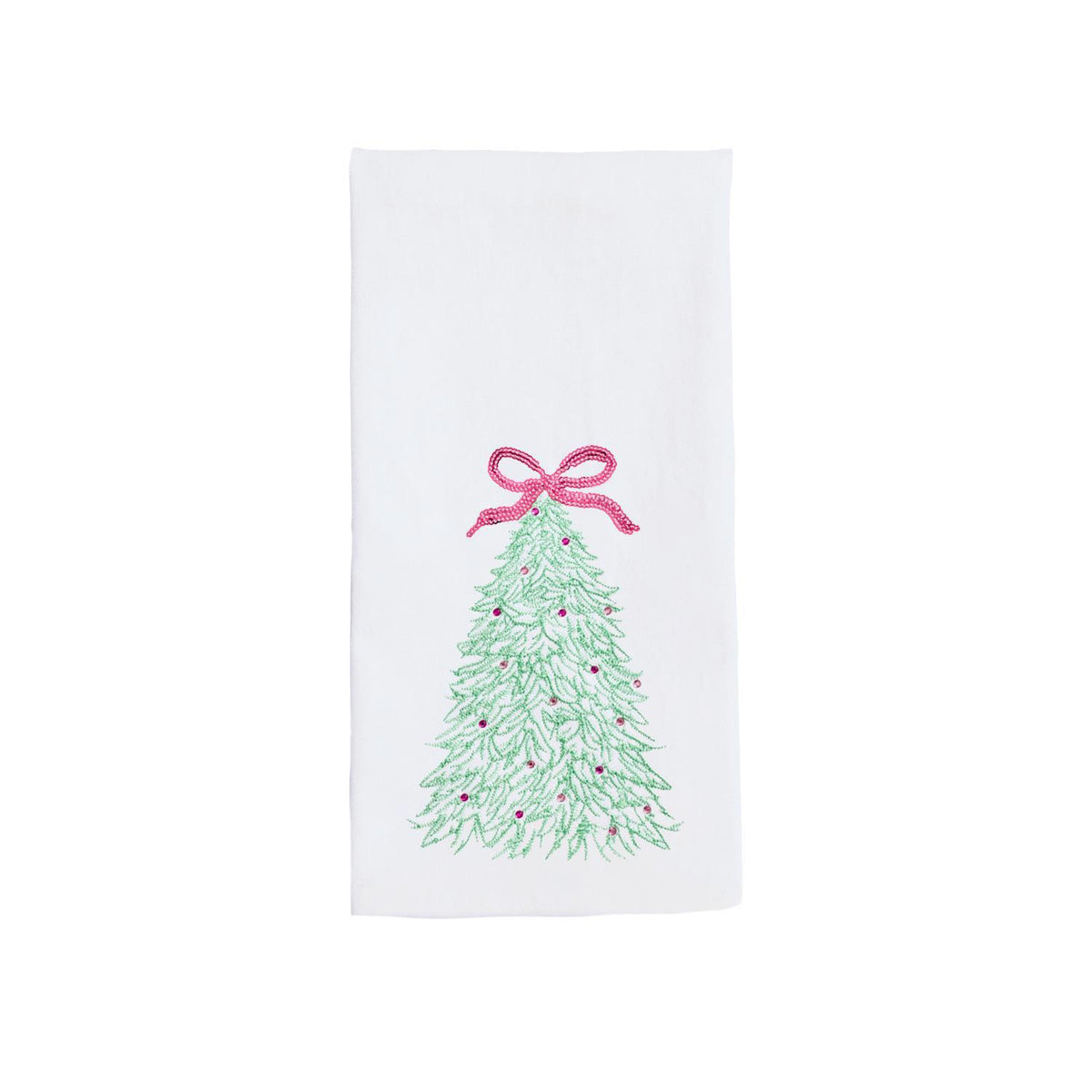White tea towel with a green tree and pink bow