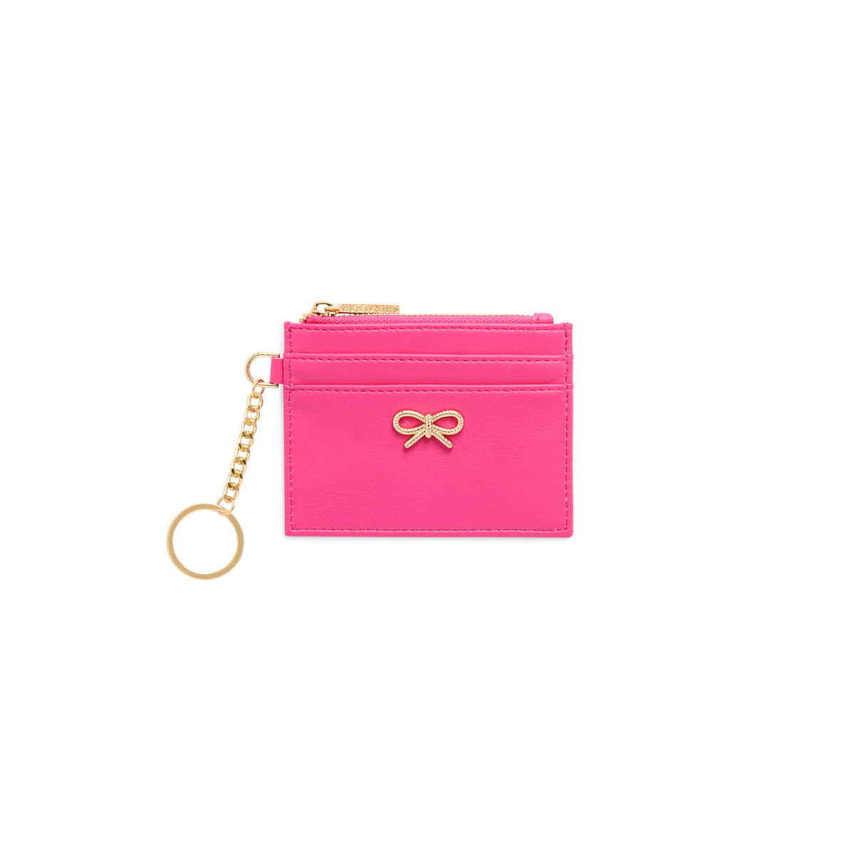 Pink card case with a gold bow and key ring
