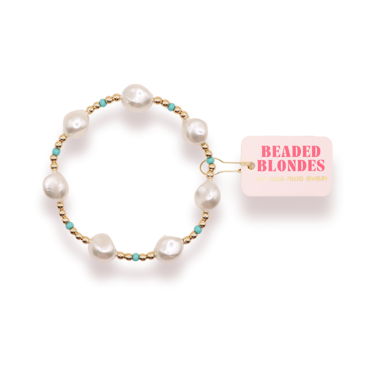 Pearl bracelet with gold and turquoise accents on a white background, featuring the 'Beaded Blondes' brand.