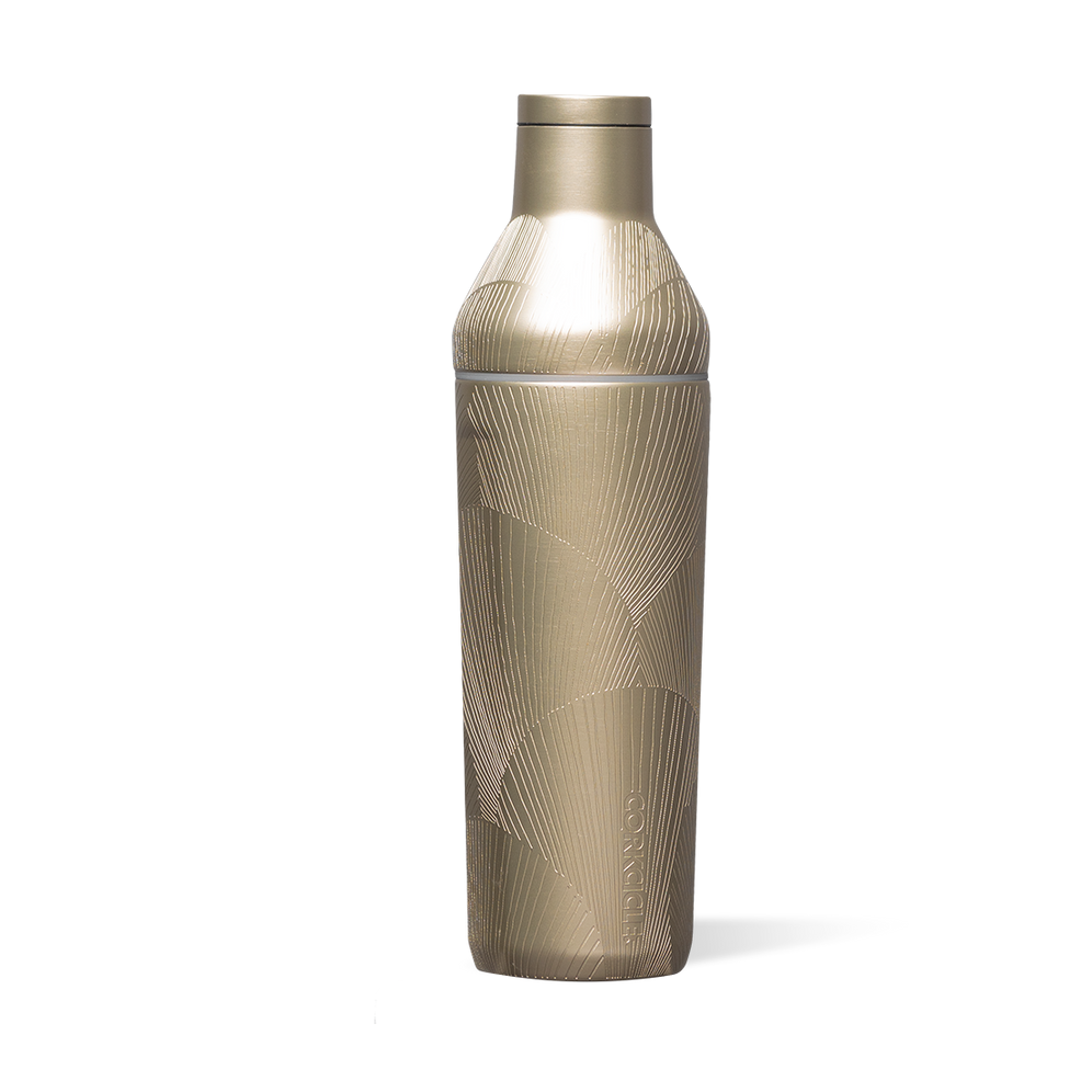 Gold-colored thermos bottle with decorative pattern on a white background