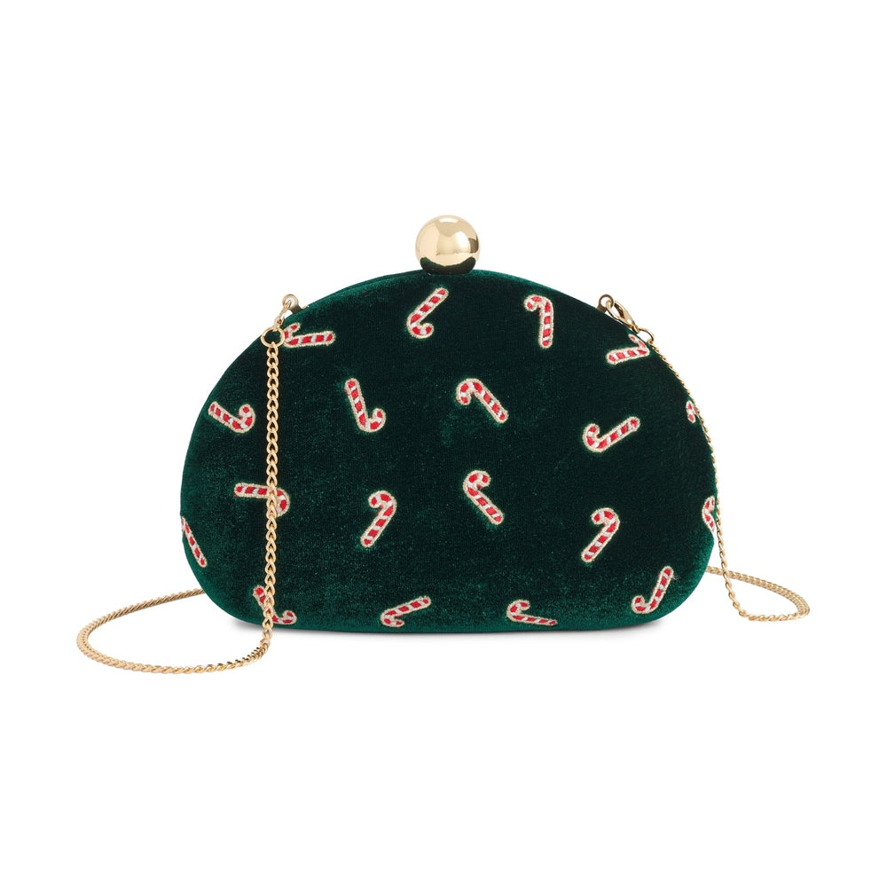Green velvet clutch bag featuring an all-over pattern of embroidered red and white candy canes with gold-stitched outlines, finished with a spherical gold-tone clasp and a matching gold chain strap against a white background