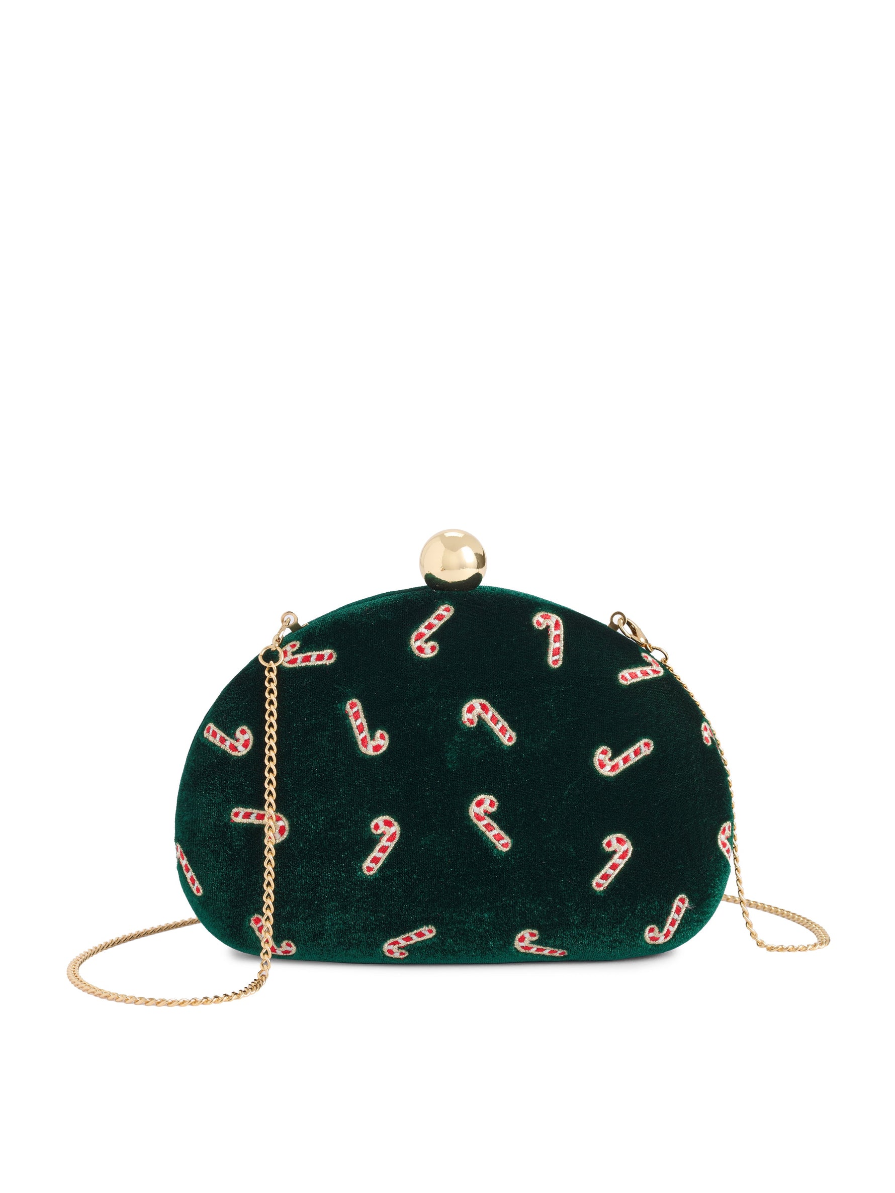 Green velvet clutch bag featuring an all-over pattern of embroidered red and white candy canes with gold-stitched outlines, finished with a spherical gold-tone clasp and a matching gold chain strap against a white background