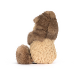 Side view of Plush toy peanut wearing a yeti costume on a white background