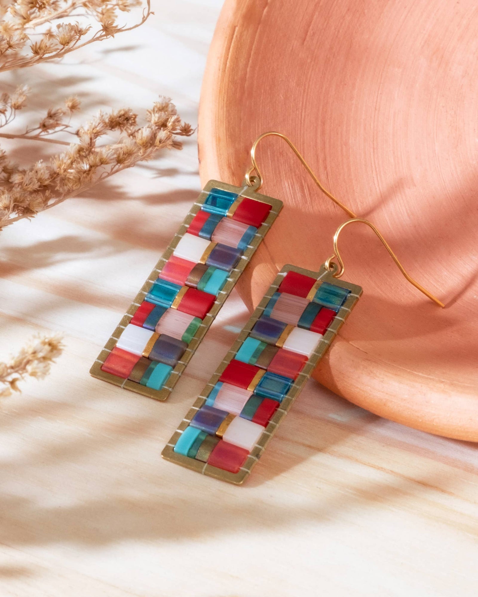 Aqua/Red - Mosaic Tila and Brass Earrings
