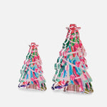 Two acrylic Christmas tree blocks in pink, green and aqua painted strokes, small and large