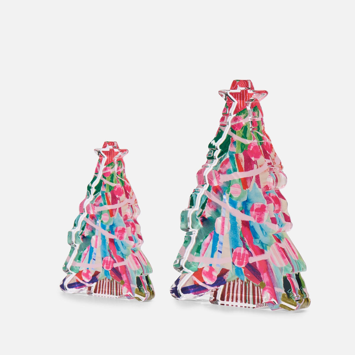 Two acrylic Christmas tree blocks in pink, green and aqua painted strokes, small and large