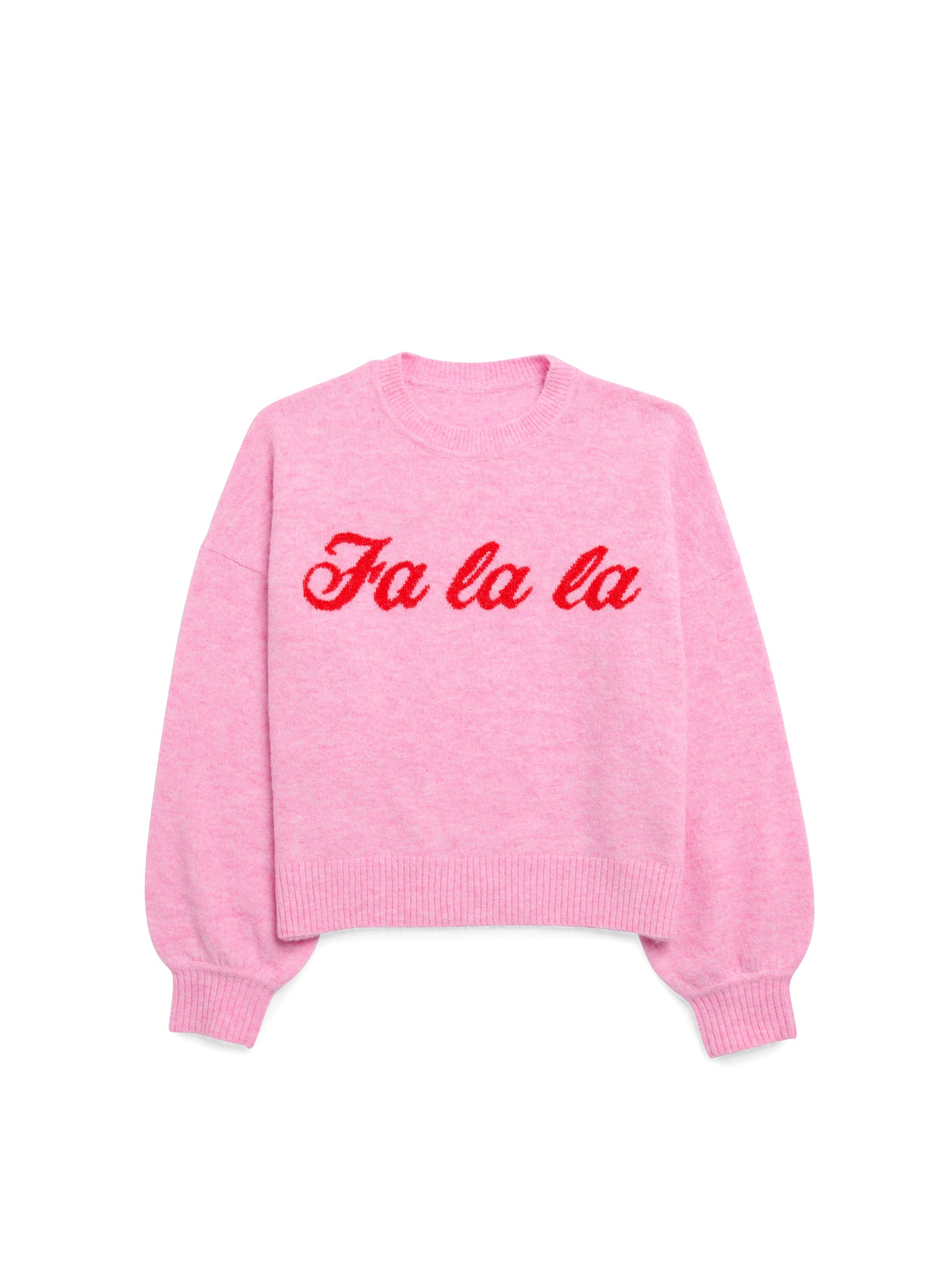 Knit sweater in light pink featuring the festive phrase Fa la la in red cursive script across the chest with a ribbed crew neck and cuffs on a solid white background