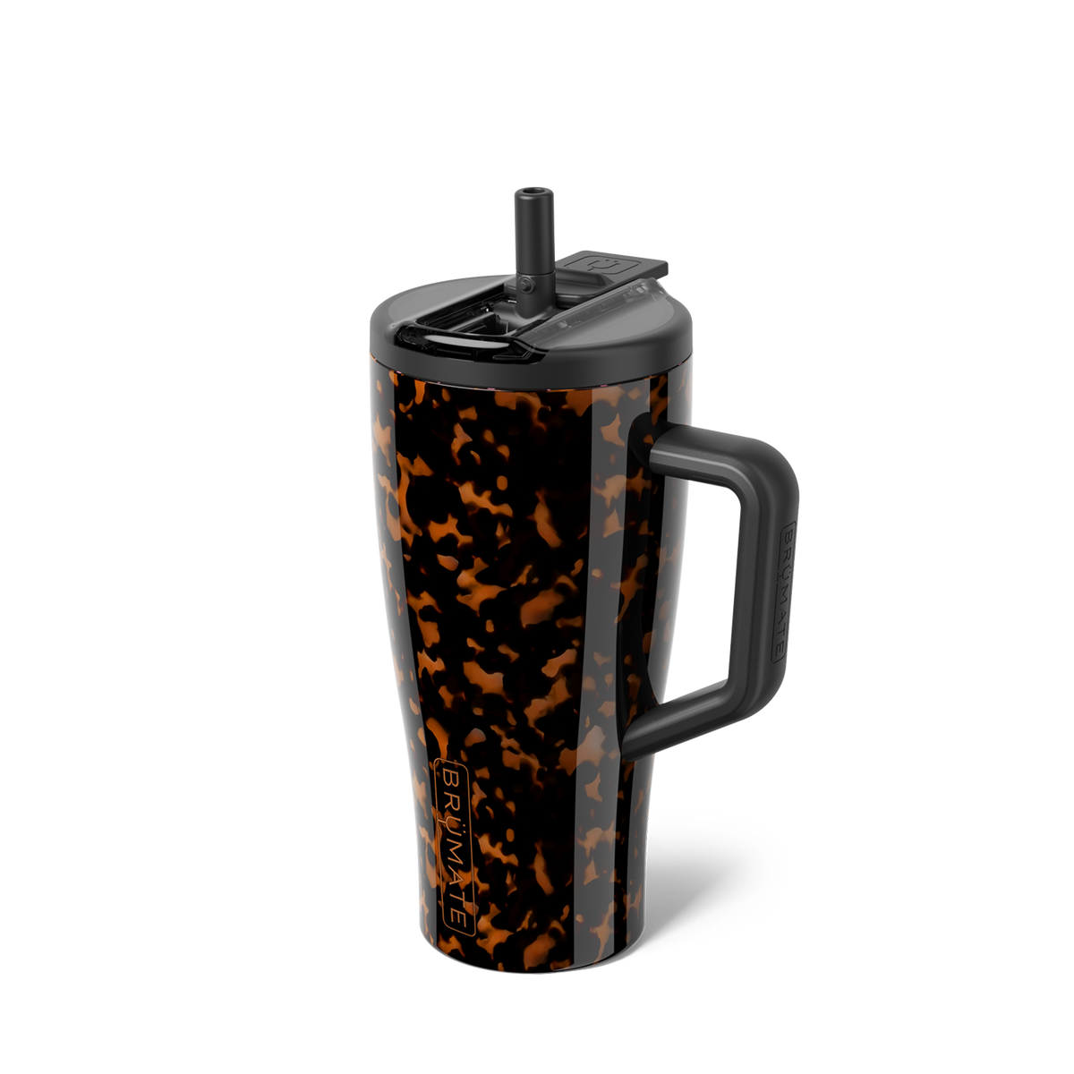 Tortoiseshell BrüMate tumbler with a handle and flip straw lid