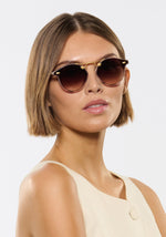 Woman wearing sunglasses with a plain background