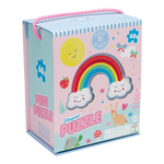 Packaging design by Floss & Rock of a 60-piece shaped jigsaw puzzle box featuring a vibrant multi-colored rainbow arch flanked by smiling clouds, a cheerful yellow sun, and a whimsical tan bunny with a red bow