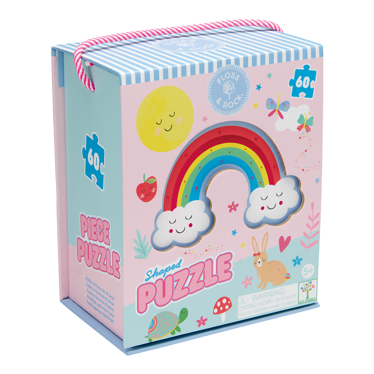 Packaging design by Floss & Rock of a 60-piece shaped jigsaw puzzle box featuring a vibrant multi-colored rainbow arch flanked by smiling clouds, a cheerful yellow sun, and a whimsical tan bunny with a red bow