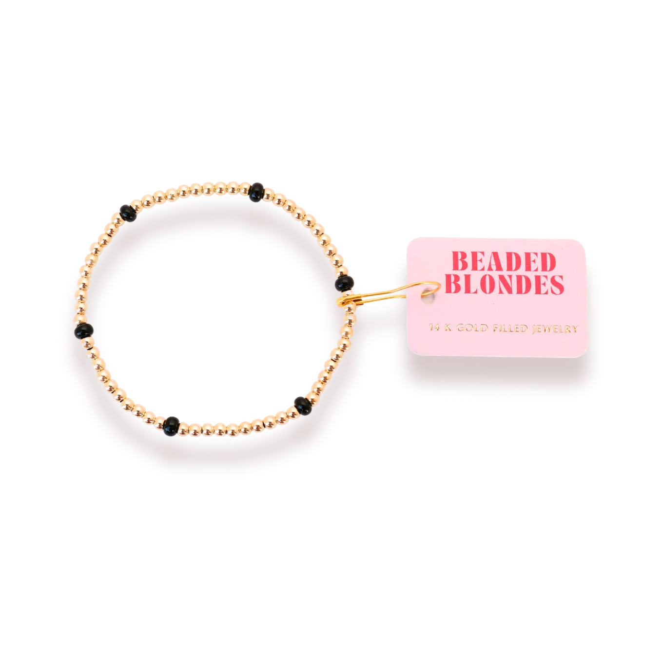 Gold beaded bracelet with black beads on a white background, featuring 'Beaded Blondes' branding.