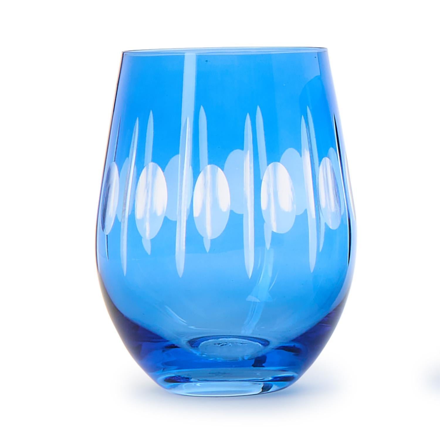 Sparkling Cut Stemless Wine Glass - Blue